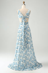 Weiß Blaue Blume A-Linie Rüschen Hoch Niedrig Hochzeitsgastkleid